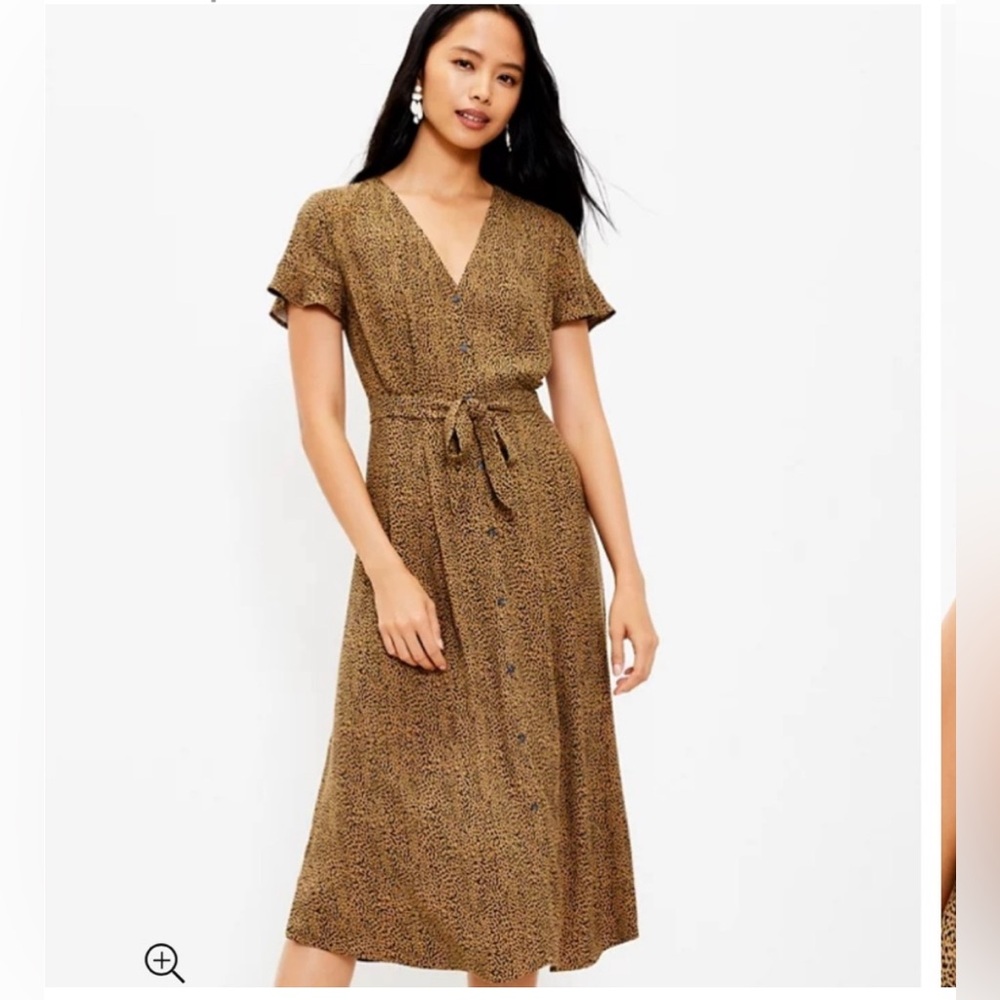 LOFT leopard print vneck midi shirt dress button up